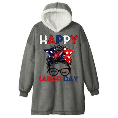 Messy Bun American Flag Labor Day Woman USA Vintage Hooded Wearable Blanket