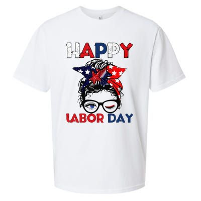 Messy Bun American Flag Labor Day Woman USA Vintage Sueded Cloud Jersey T-Shirt