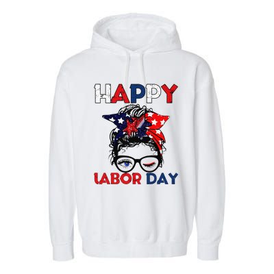 Messy Bun American Flag Labor Day Woman USA Vintage Garment-Dyed Fleece Hoodie