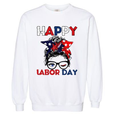 Messy Bun American Flag Labor Day Woman USA Vintage Garment-Dyed Sweatshirt