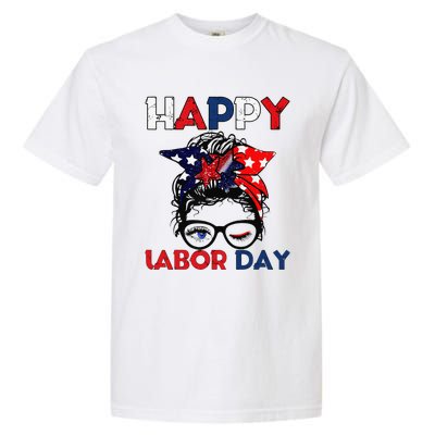 Messy Bun American Flag Labor Day Woman USA Vintage Garment-Dyed Heavyweight T-Shirt