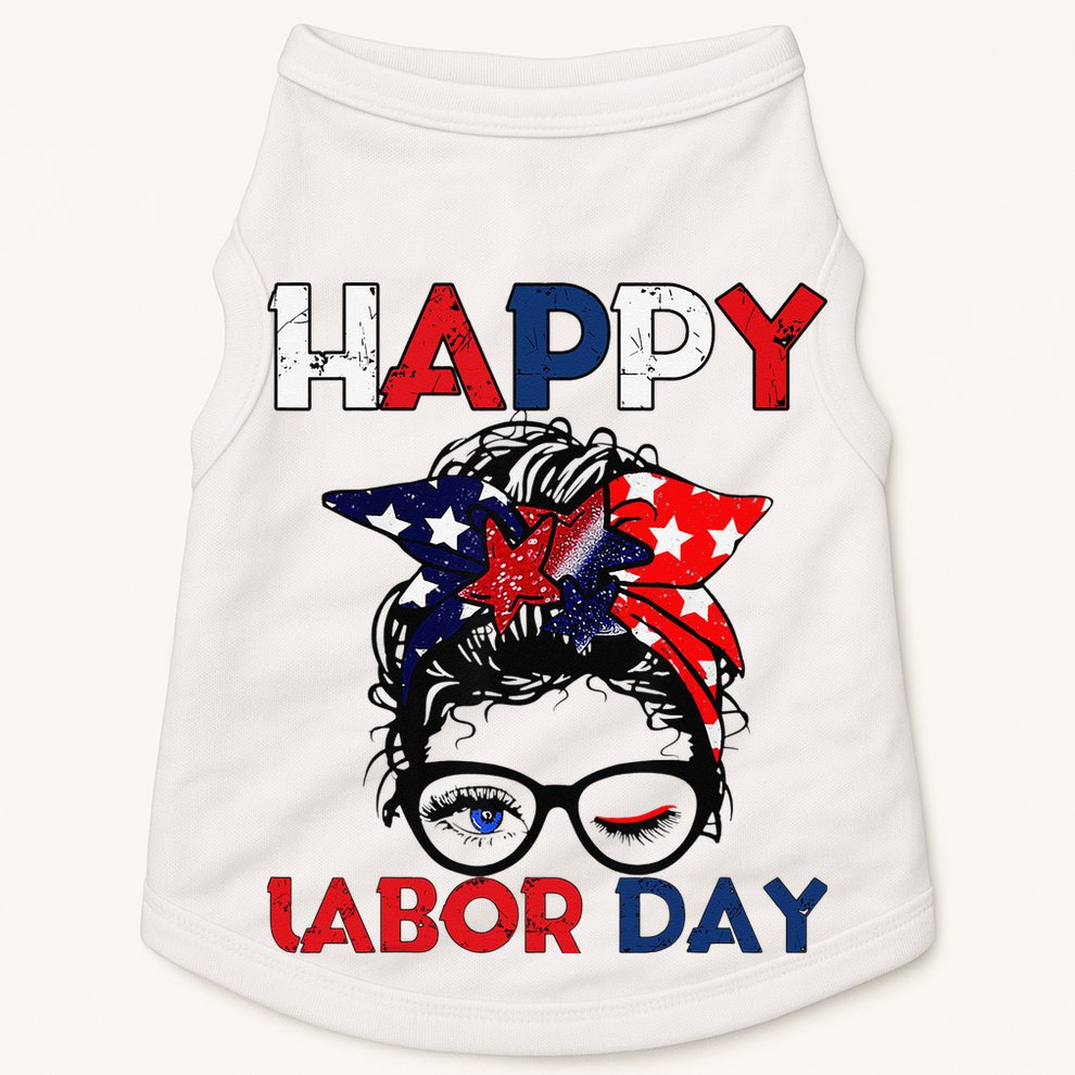 Messy Bun American Flag Labor Day Woman USA Vintage Doggie Tank