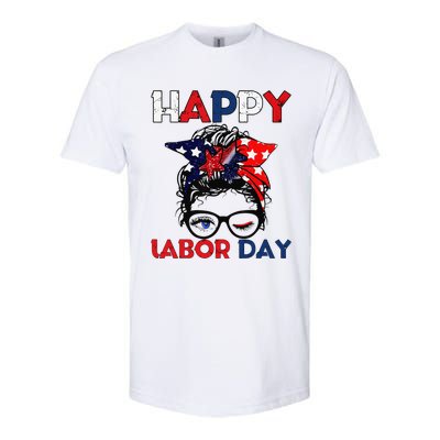 Messy Bun American Flag Labor Day Woman USA Vintage Softstyle CVC T-Shirt