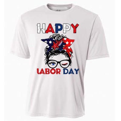 Messy Bun American Flag Labor Day Woman USA Vintage Cooling Performance Crew T-Shirt