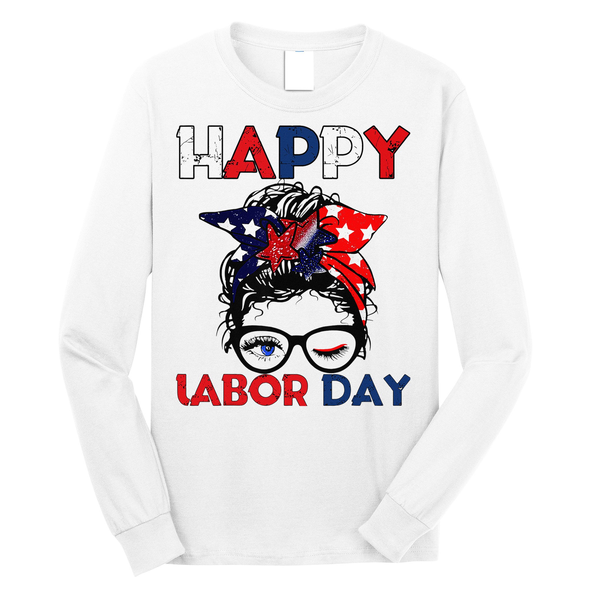 Messy Bun American Flag Labor Day Woman USA Vintage Long Sleeve Shirt