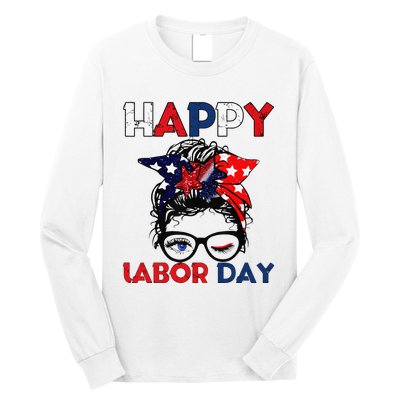 Messy Bun American Flag Labor Day Woman USA Vintage Long Sleeve Shirt