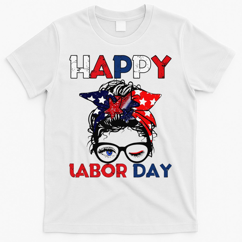 Messy Bun American Flag Labor Day Woman USA Vintage T-Shirt
