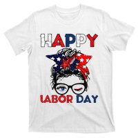 Messy Bun American Flag Labor Day Woman USA Vintage T-Shirt