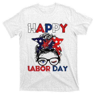 Messy Bun American Flag Labor Day Woman USA Vintage T-Shirt