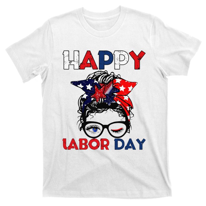 Messy Bun American Flag Labor Day Woman USA Vintage T-Shirt