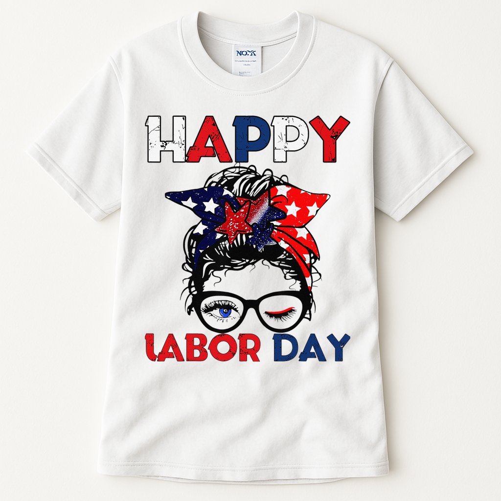 Messy Bun American Flag Labor Day Woman USA Vintage Tall T-Shirt