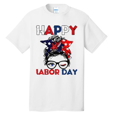 Messy Bun American Flag Labor Day Woman USA Vintage Tall T-Shirt