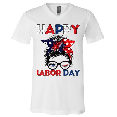 Messy Bun American Flag Labor Day Woman USA Vintage V-Neck T-Shirt