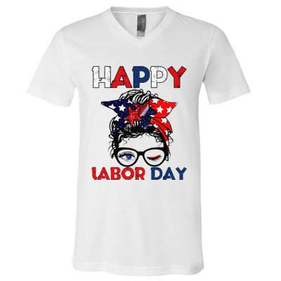 Messy Bun American Flag Labor Day Woman USA Vintage V-Neck T-Shirt