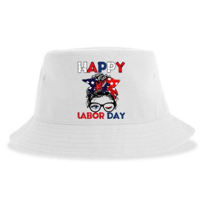 Messy Bun American Flag Labor Day Woman USA Vintage Sustainable Bucket Hat