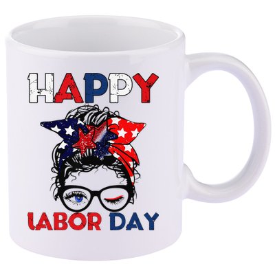 Messy Bun American Flag Labor Day Woman USA Vintage 11oz C Handle Ceramic Mug