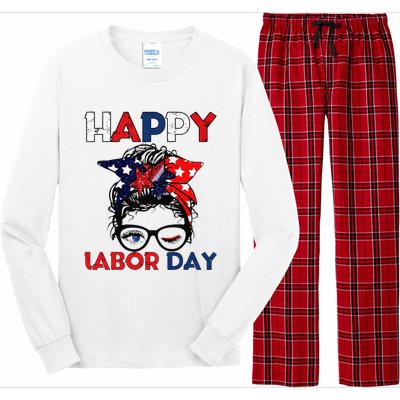 Messy Bun American Flag Labor Day Woman USA Vintage Long Sleeve Pajama Set