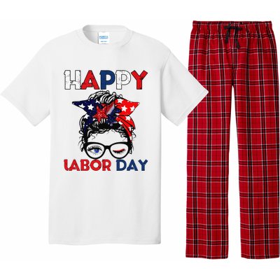 Messy Bun American Flag Labor Day Woman USA Vintage Pajama Set