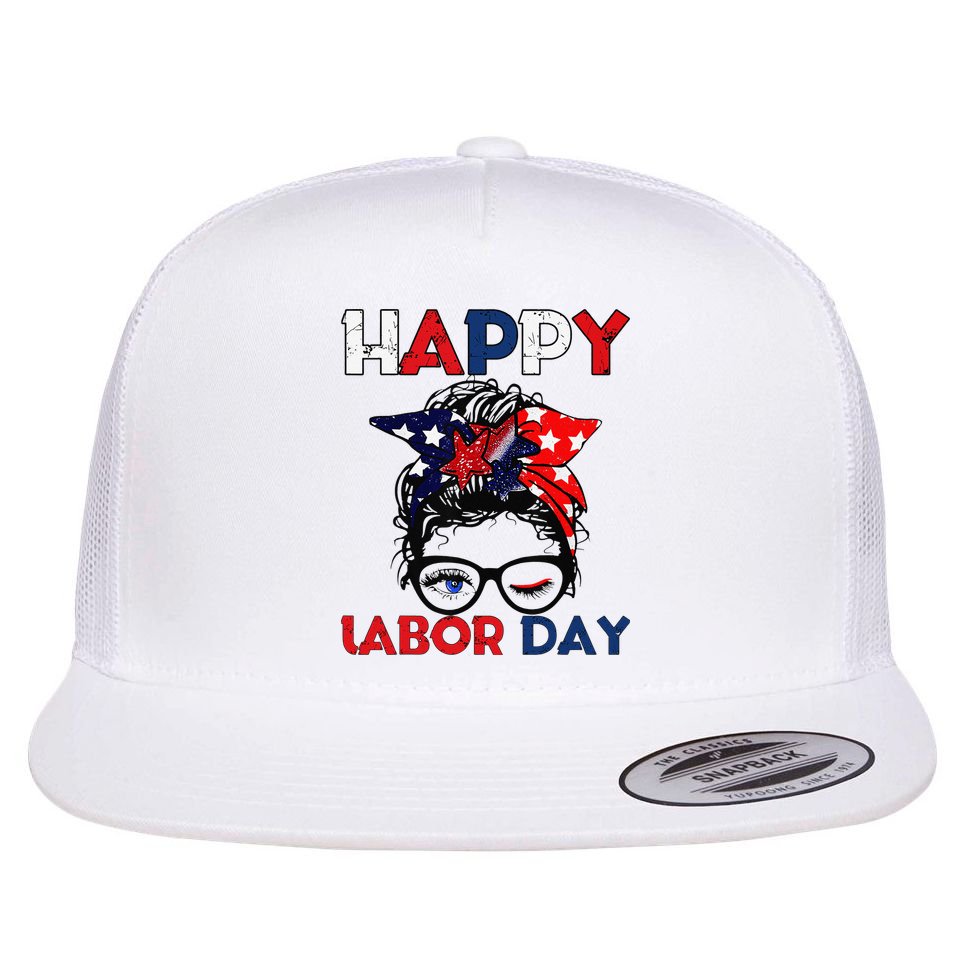 Messy Bun American Flag Labor Day Woman USA Vintage Flat Bill Trucker Hat