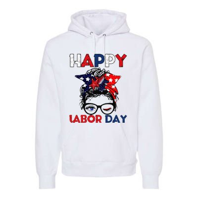 Messy Bun American Flag Labor Day Woman USA Vintage Premium Hoodie