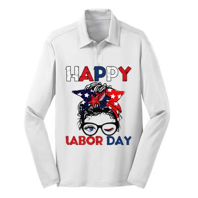 Messy Bun American Flag Labor Day Woman USA Vintage Silk Touch Performance Long Sleeve Polo