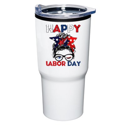 Messy Bun American Flag Labor Day Woman USA Vintage Tumbler