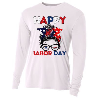 Messy Bun American Flag Labor Day Woman USA Vintage Cooling Performance Long Sleeve Crew