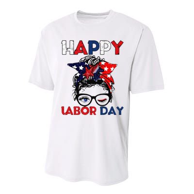 Messy Bun American Flag Labor Day Woman USA Vintage Performance Sprint T-Shirt