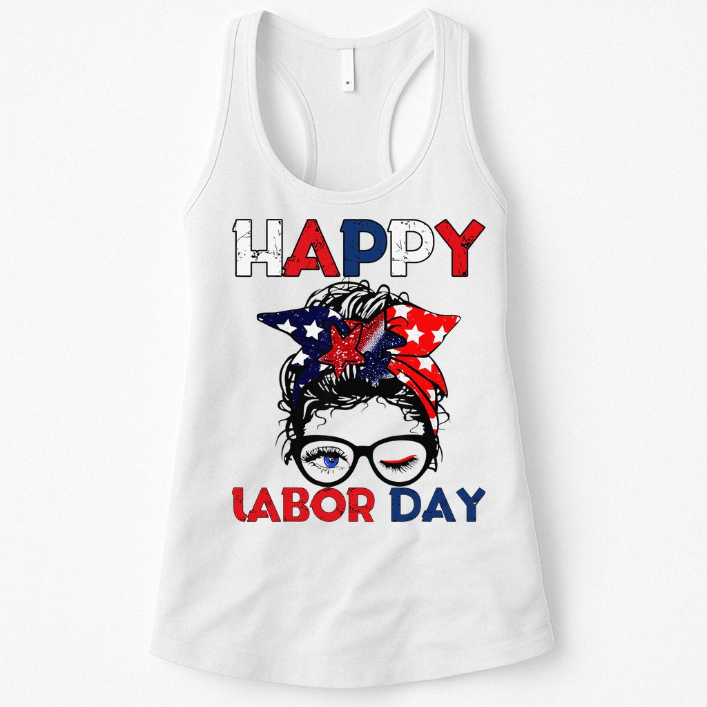 Messy Bun American Flag Labor Day Woman USA Vintage Womens Tank Top