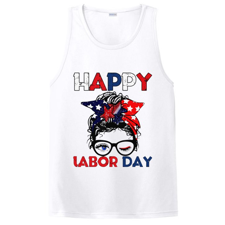 Messy Bun American Flag Labor Day Woman USA Vintage PosiCharge Competitor Tank