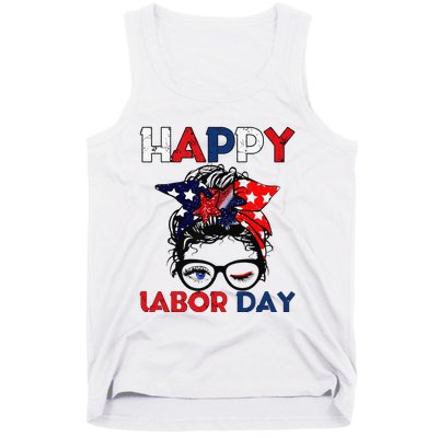 Messy Bun American Flag Labor Day Woman USA Vintage Tank Top