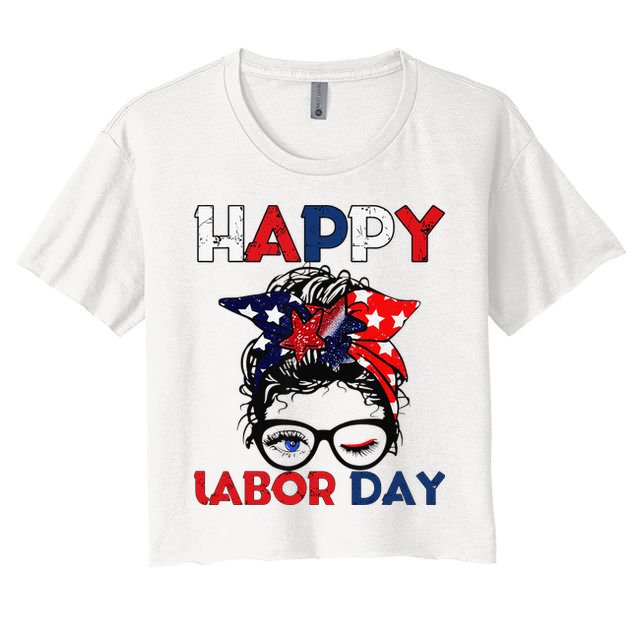Messy Bun American Flag Labor Day Woman USA Vintage Crop Top