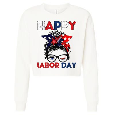 Messy Bun American Flag Labor Day Woman USA Vintage Cropped Pullover Crew