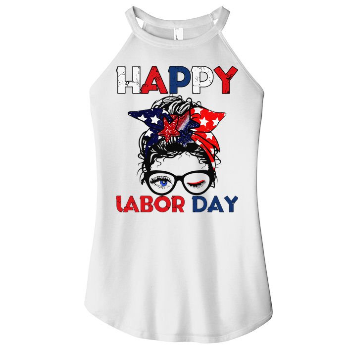 Messy Bun American Flag Labor Day Woman USA Vintage Women's Perfect Tri Rocker Tank
