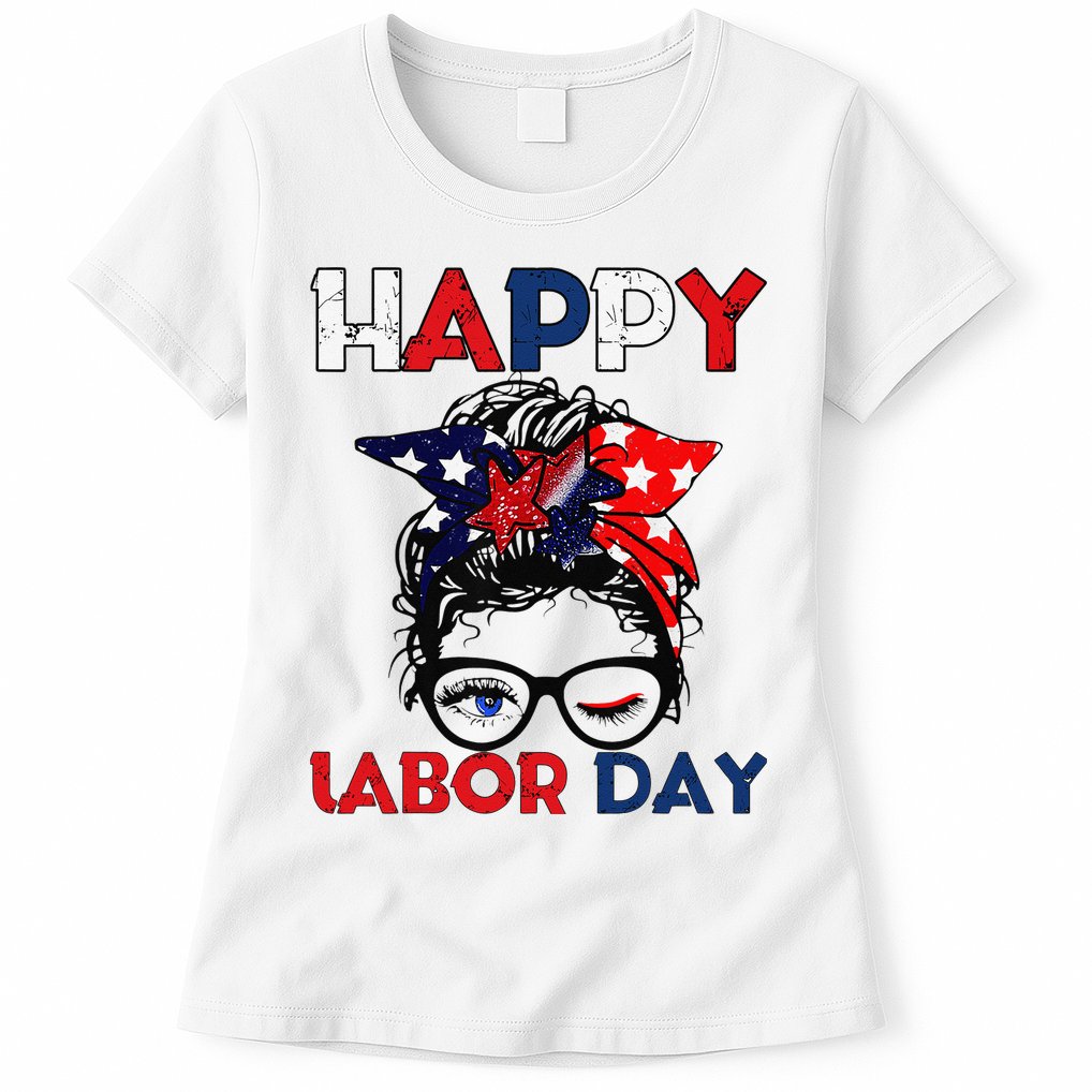 Messy Bun American Flag Labor Day Woman USA Vintage Womens T-Shirt