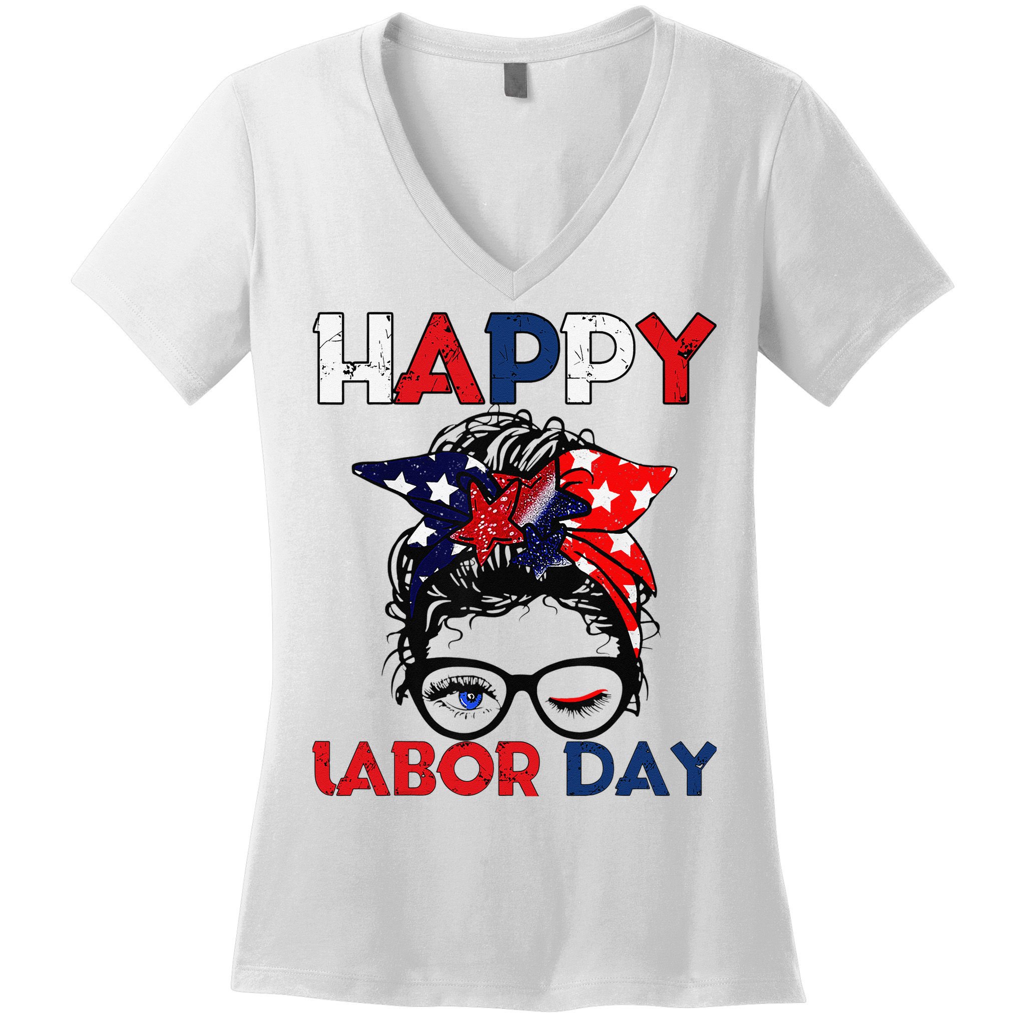 Messy Bun American Flag Labor Day Woman USA Vintage Women's V-Neck T-Shirt