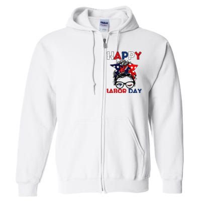 Messy Bun American Flag Labor Day Woman USA Vintage Full Zip Hoodie