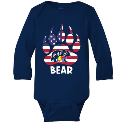 Mama Bear Autism American Flag 4th Of July Patriotic Mom Gift Baby Long Sleeve Bodysuit