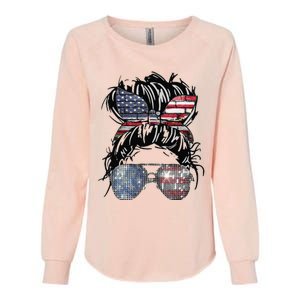 Messy Bun American Flag Glasses 4th of July Patriotic Womens California Wash Sweatshirt