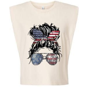 Messy Bun American Flag Glasses 4th of July Patriotic Garment-Dyed Women's Muscle Tee