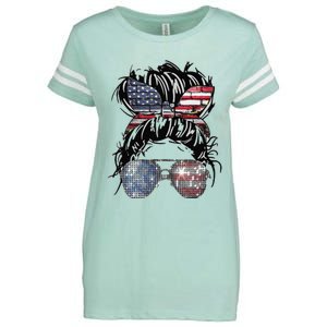 Messy Bun American Flag Glasses 4th of July Patriotic Enza Ladies Jersey Football T-Shirt