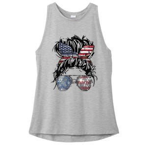 Messy Bun American Flag Glasses 4th of July Patriotic Ladies PosiCharge Tri-Blend Wicking Tank