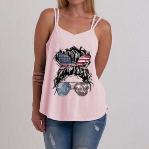 Messy Bun American Flag Glasses 4th of July Patriotic Women's Strappy Tank