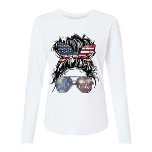 Messy Bun American Flag Glasses 4th of July Patriotic Womens Cotton Relaxed Long Sleeve T-Shirt