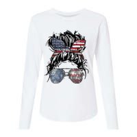 Messy Bun American Flag Glasses 4th of July Patriotic Womens Cotton Relaxed Long Sleeve T-Shirt