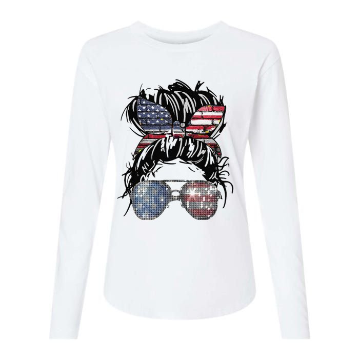 Messy Bun American Flag Glasses 4th of July Patriotic Womens Cotton Relaxed Long Sleeve T-Shirt