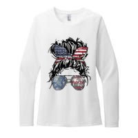 Messy Bun American Flag Glasses 4th of July Patriotic Womens CVC Long Sleeve Shirt