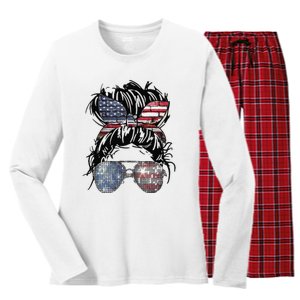 Messy Bun American Flag Glasses 4th of July Patriotic Women's Long Sleeve Flannel Pajama Set 