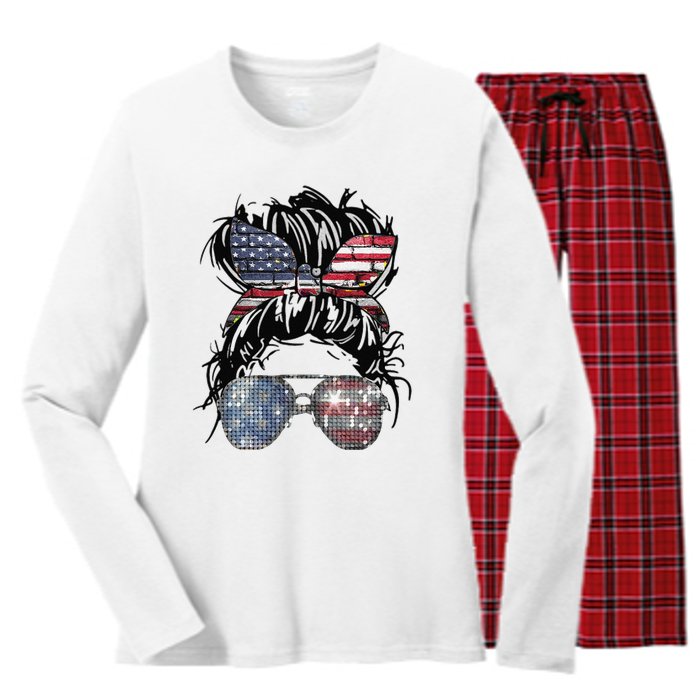 Messy Bun American Flag Glasses 4th of July Patriotic Women's Long Sleeve Flannel Pajama Set 