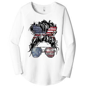 Messy Bun American Flag Glasses 4th of July Patriotic Women's Perfect Tri Tunic Long Sleeve Shirt